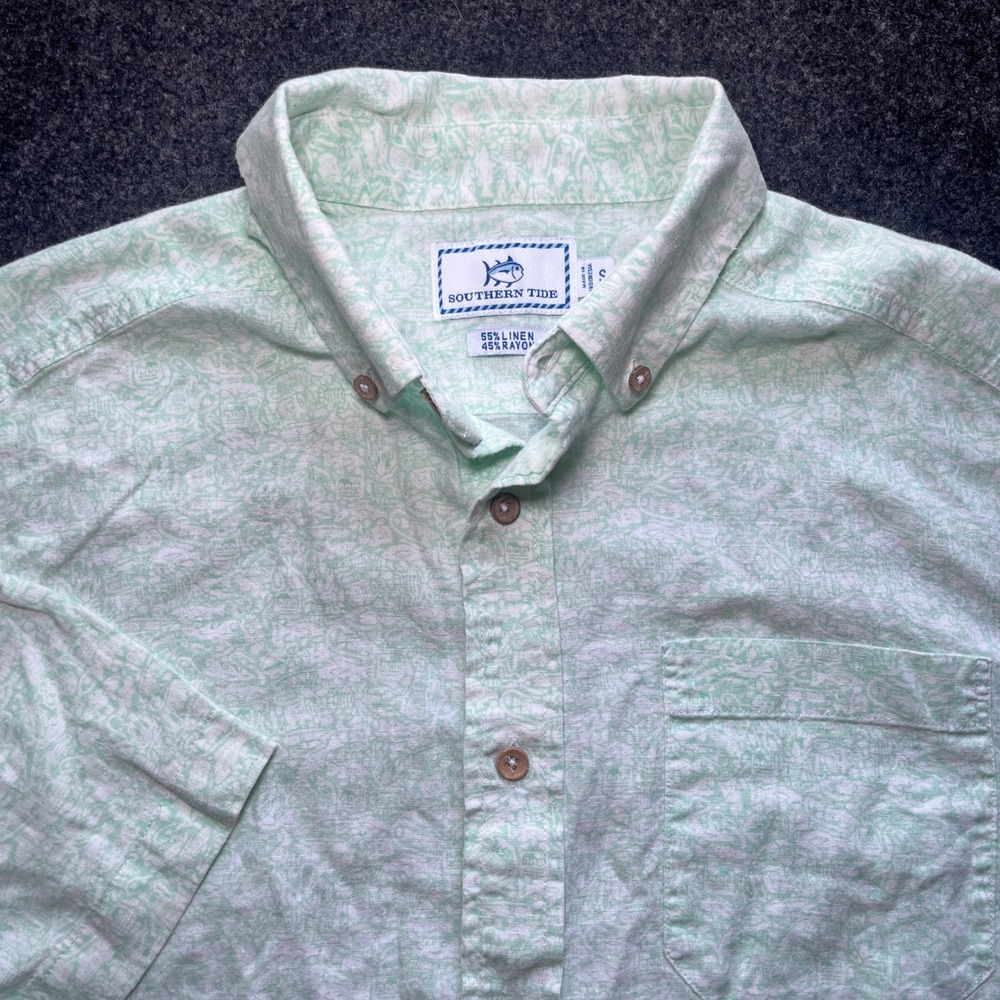 Southern Tide Shirt Mens S Green Excellent Linen Rayon Short Sleeve Graphic 8971